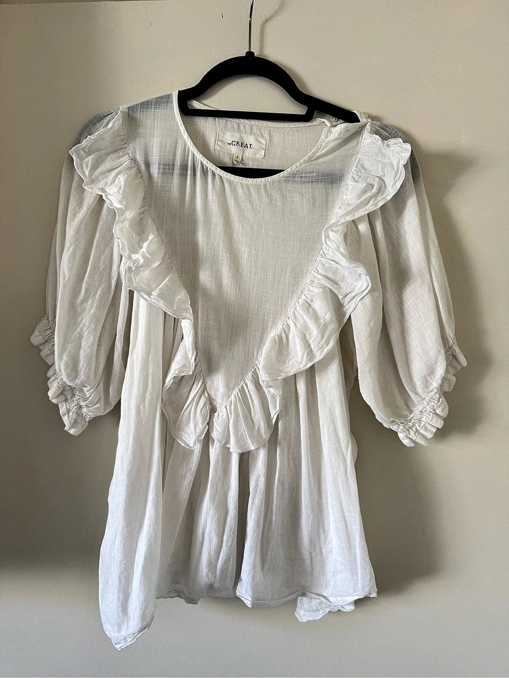 The GREAT. The Ruffle Triangle Top. White Ruffle Blouse